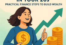 Young woman holding a coin with stacks of coins and an upward arrow symbolizing financial freedom in your 20s.