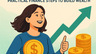 Young woman holding a coin with stacks of coins and an upward arrow symbolizing financial freedom in your 20s.