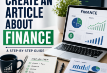 Illustration of a person writing on a laptop surrounded by finance-related icons and step-by-step article creation tips.